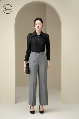 Áo ren dài tay phối cổ nhọn màu đen