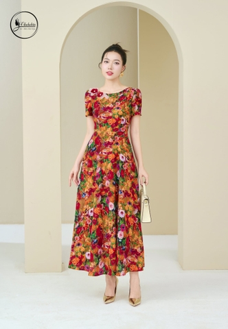 Đầm xòe tay cộc họa tiết hoa đỏ