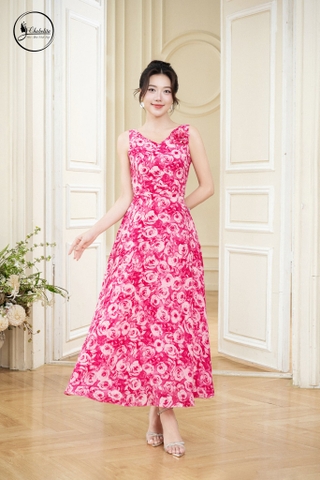 Đầm sát nách cổ tròn hoa hồng