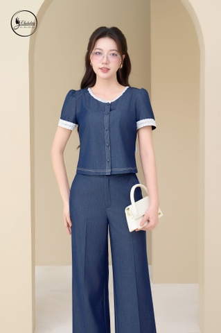 Sét bộ áo tay cộc phối viền màu xanh than