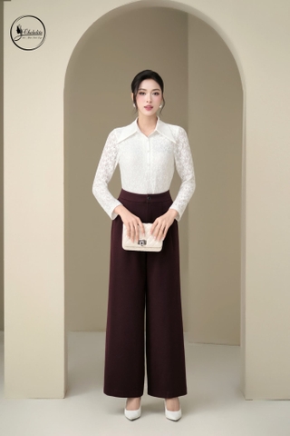 Áo ren dài tay phối cổ nhọn màu trắng