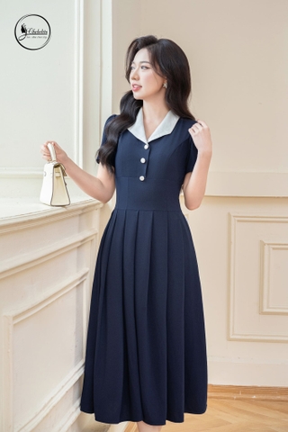 Đầm xòe tay lỡ phối cổ màu xanh than