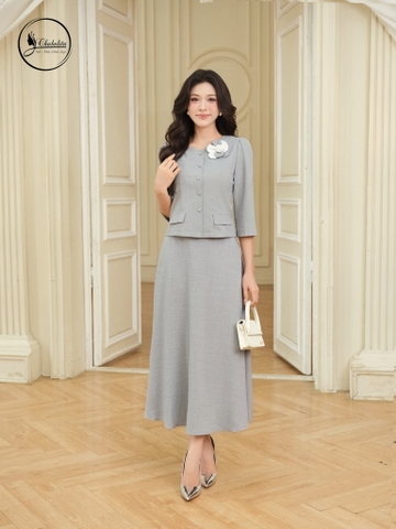 Sét bộ tay lỡ cổ tròn đính hoa màu ghi