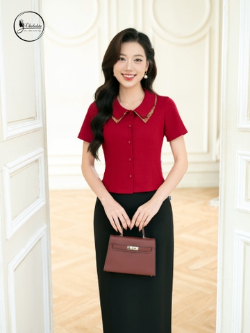 Áo sơ mi cổ phối màu đỏ