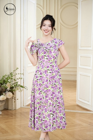 Đầm sát nách cổ tròn phối bèo hoa tím