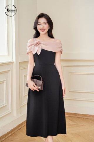 Đầm xòe trễ vai phối màu nâu