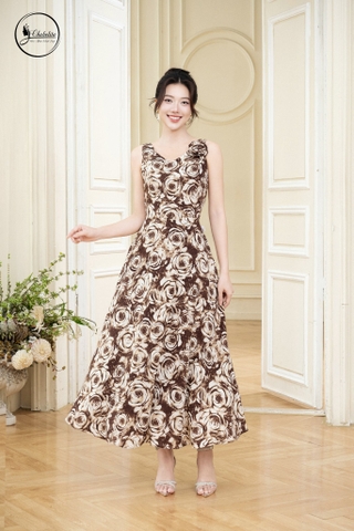 Đầm sát nách cổ tròn hoa nâu