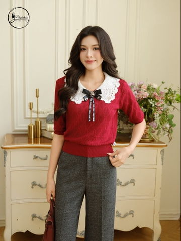 Áo len phối cổ màu đỏ