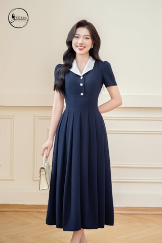 Đầm xòe tay lỡ phối cổ màu xanh than