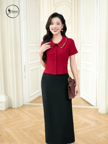 Áo sơ mi cổ phối màu đỏ