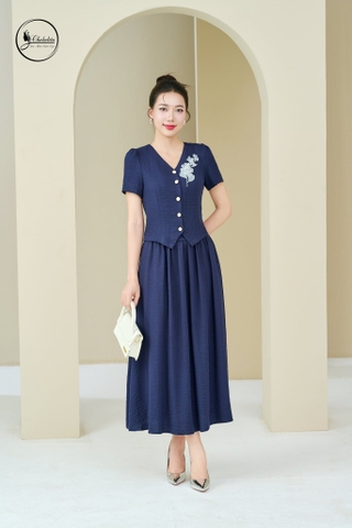 Sét bộ áo tay cộc cổ tim phối chân váy màu xanh than