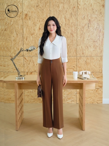 Quần suông cạp cao màu nâu