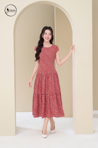 Đầm hoa nhí 3 tầng sát nách màu đỏ