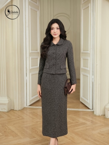 Sét bộ áo vest cổ sen dài tay màu nâu