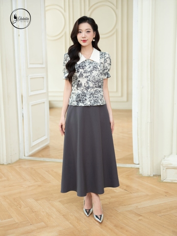 Áo sơ mi hoa phối cổ màu đen