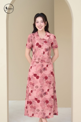 Sét bộ hoa áo sơ mi phối chân váy màu hồng