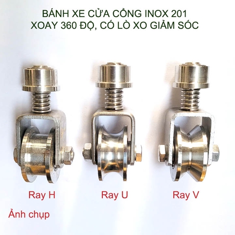 Bánh xe cho cửa cổng trượt, lùa bằng inox 201, loại có lò xo, xoay 360 độ, Kích thước 30x63mm