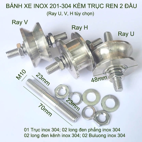 01 Bánh xe cho cửa cổng trượt, cửa lùa kèm trục ren 2 đầu, bằng inox 201-304, loại 16x48mm, Hình U, V, H tùy chọn