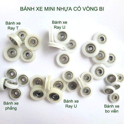 Bộ 05 Bánh xe nhựa mini có vòng bi (bạc đạn), dùng cho cửa trượt-lùa đa năng, nhiều loại tùy chọn