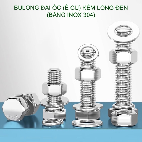 Combo 3-10 bulong đai ốc (Ê cu) bằng inox 304, có kèm long đen phẳng và kênh M6-M8-M10-M12 tùy chọn