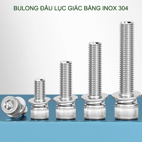 Combo 2-10 bulong đầu lục giác bằng inox 304, có kèm long đen phẳng và kênh M4-M6-M8-M10 tùy chọn