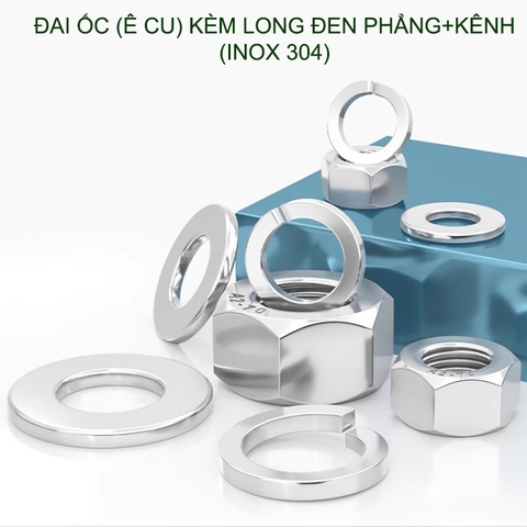 Đai ốc (Ê cu) bằng inox 304, có kèm long đen phẳng và kênh M6-M8-M10-M12 tùy chọn (bộ 5-10 cái)