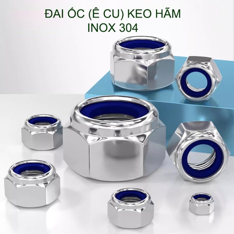 Đai ốc (Ê cu) bằng inox 304 đầu có keo hãm M6-M8-M10-M12 tùy chọn (bộ 5-10 cái)