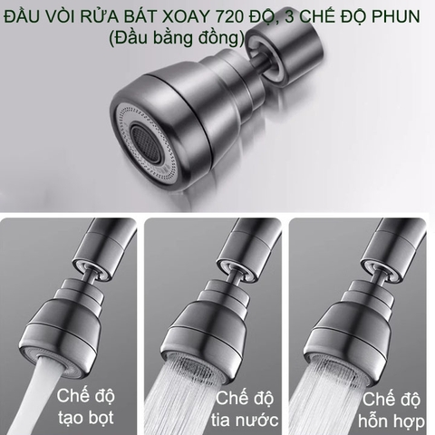 Đầu vòi chậu rửa bát xoay 720 độ, đầu bằng đồng, 3 chế độ phun