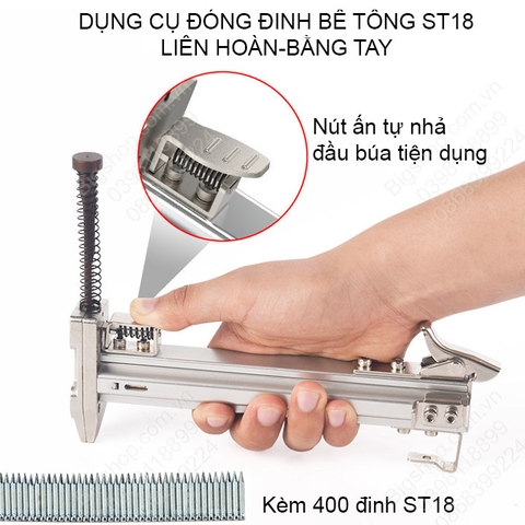 Dụng cụ hỗ trợ đóng đinh bê tông liên hoàn kèm 400 đinh ST18 (Có nút ấn tự nhả đầu búa-Loại tốt)