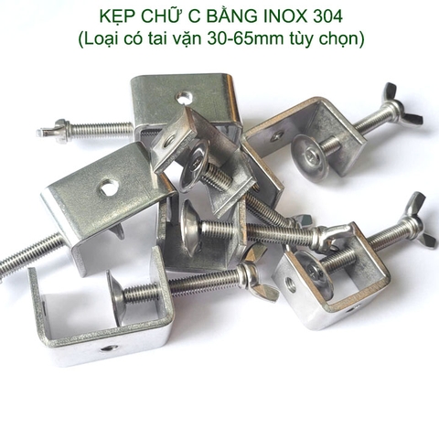 01 Kẹp chữ C bằng inox 304 không gỉ, chắc chắn dùng cho nghề mộc, cơ khí (loại đầu bulong có tai vặn, 30-65mm tùy chọn)
