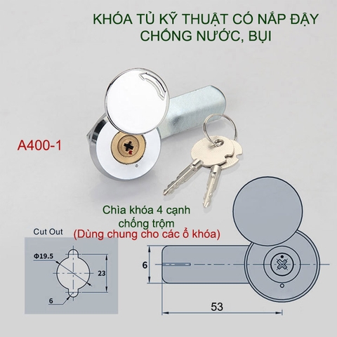 Khóa tủ kỹ thuật có nắp che chống nước, bụi, kèm 2 chìa khóa 4 cạnh (loại chìa khóa dùng chung)