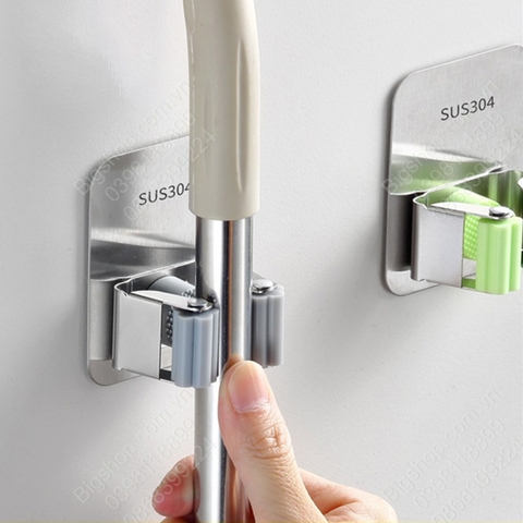 Móc treo kẹp giữ chổi đa năng bằng inox 304, loại đơn bản lớn, dùng keo dán kèm theo