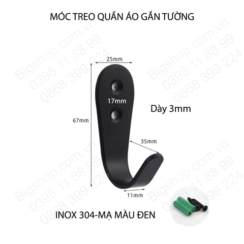 Móc treo quần áo inox 304 dày 2.5mm mạ màu đen, loại móc đơn