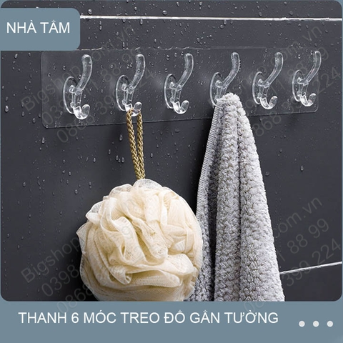 Thanh 6 móc treo quần áo, đồ đa năng dán tường, bằng nhựa trong suốt