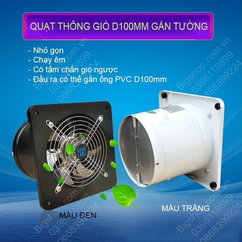 Quạt thông gió gắn tường mini 4inch D100mm, gắn tường khoét lỗ hoặc gắn ống D100mm, có tai bắt vít vào tường