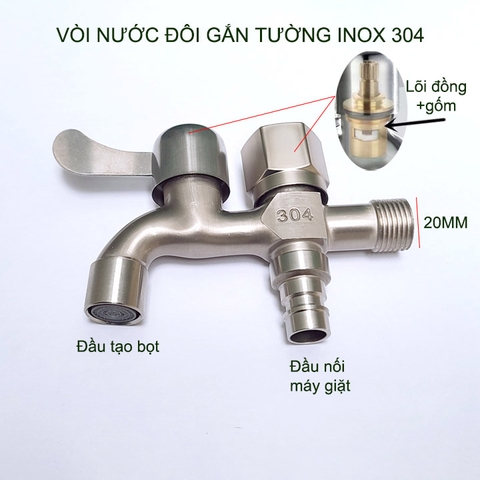 Vòi nước đôi bằng inox 304 gắn tường G03B với 01 đầu vào 2 đầu ra (đầu vào DN15 lắp cho ống D21)