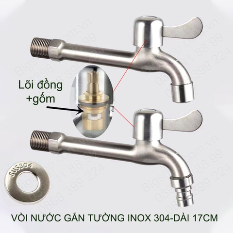 Vòi nước lạnh bằng inox 304 gắn tường thân dài 17cm, đầu tạo bọt hoặc gắn máy giặt tùy chọn (DN15 lắp cho ống D21)
