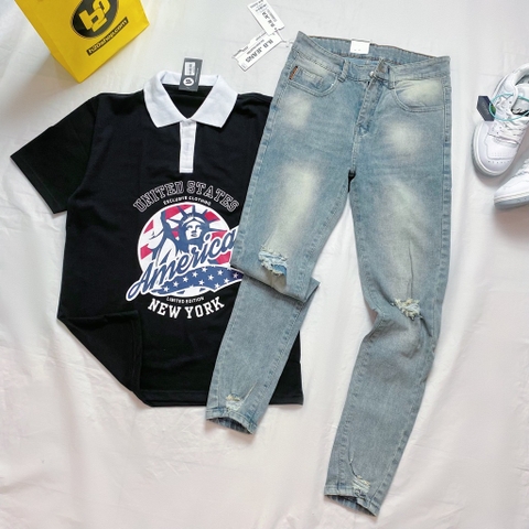 Jean nam rách gối lai - Xanh nhạt