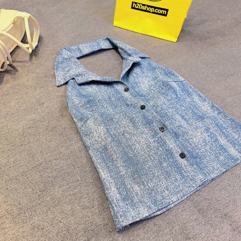 Áo yếm jean cổ bẻ