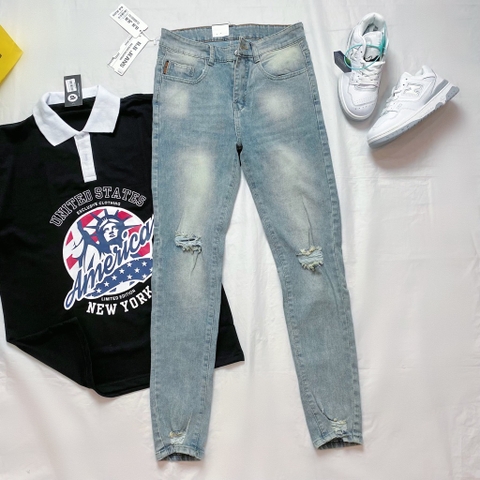 Jean nam rách gối lai - Xanh nhạt