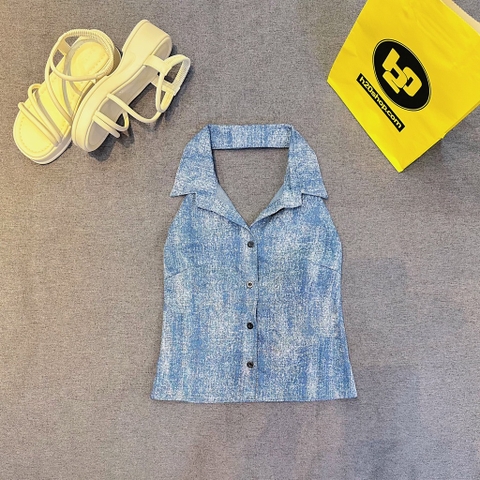 Áo yếm jean cổ bẻ