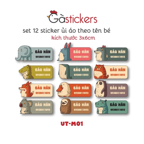 Sticker ủi áo in tên trẻ em GaStickers UT-M01 bộ 12 miếng kích thước 3 x 6 cm