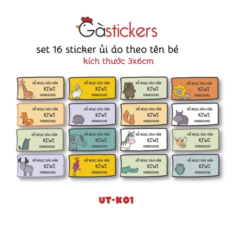 Sticker ủi áo in tên trẻ em GaSticker UT-K01 bộ 16 miếng kích thước 3 x 6 cm
