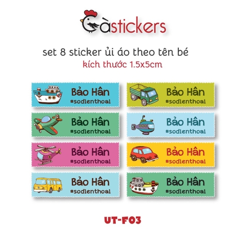 Sticker ủi áo in tên trẻ em GaSticker UT-F03- bộ 8 miếng kích thước 1,5 x 5 cm