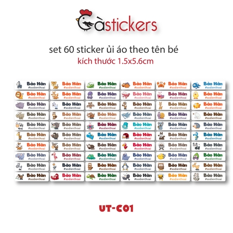 Sticker ủi áo in tên trẻ em GaStickers UT-C01 bộ 60 miếng kích thước 1,5 x 5,6 cm