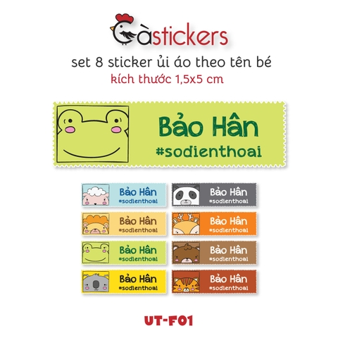 Sticker ủi áo in tên trẻ em GaSticker UT-F01- bộ 8 miếng kích thước 1,5 x 5 cm