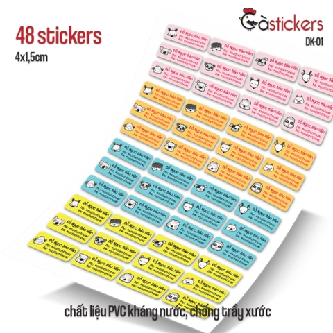 Sticker dán in tên trẻ em GaStickers DK bộ 48 miếng size 4 x 1,5 cm