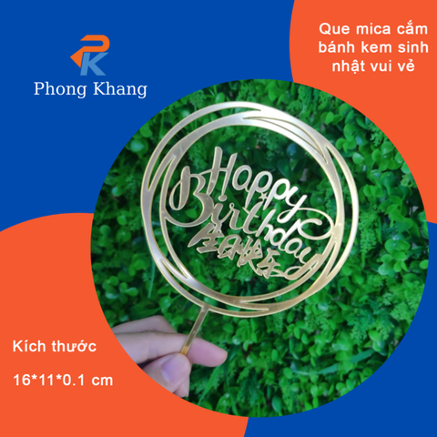 Que cắm trang trí bánh kem phong khang chữ sinh nhật vui vẻ bằng mica viền tròn