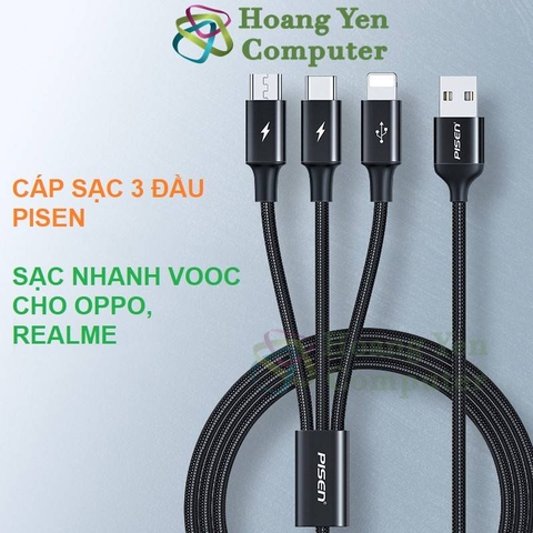 Cáp Sạc 3 Đầu Pisen AP05 (Lighting - MICRO USB - TYPE C) Dây Dù 1.2M - Hoàng Yến Computer