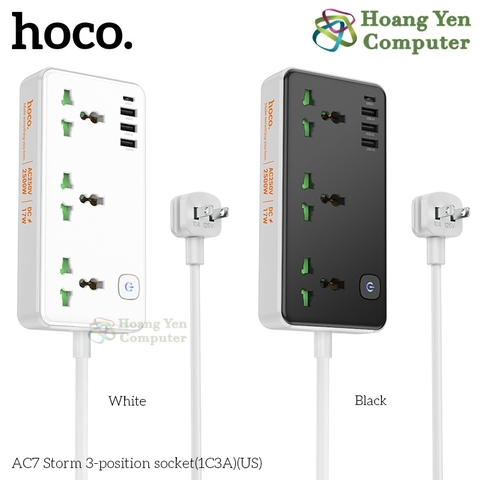 Ổ Điện Đa Năng Hoco AC7 – 3 Ổ Cắm + 1 Cổng Type-C + 3 USB, Công Suất 2500W (Chuẩn US) – BH 1 Năm – Hoàng Yến Computer